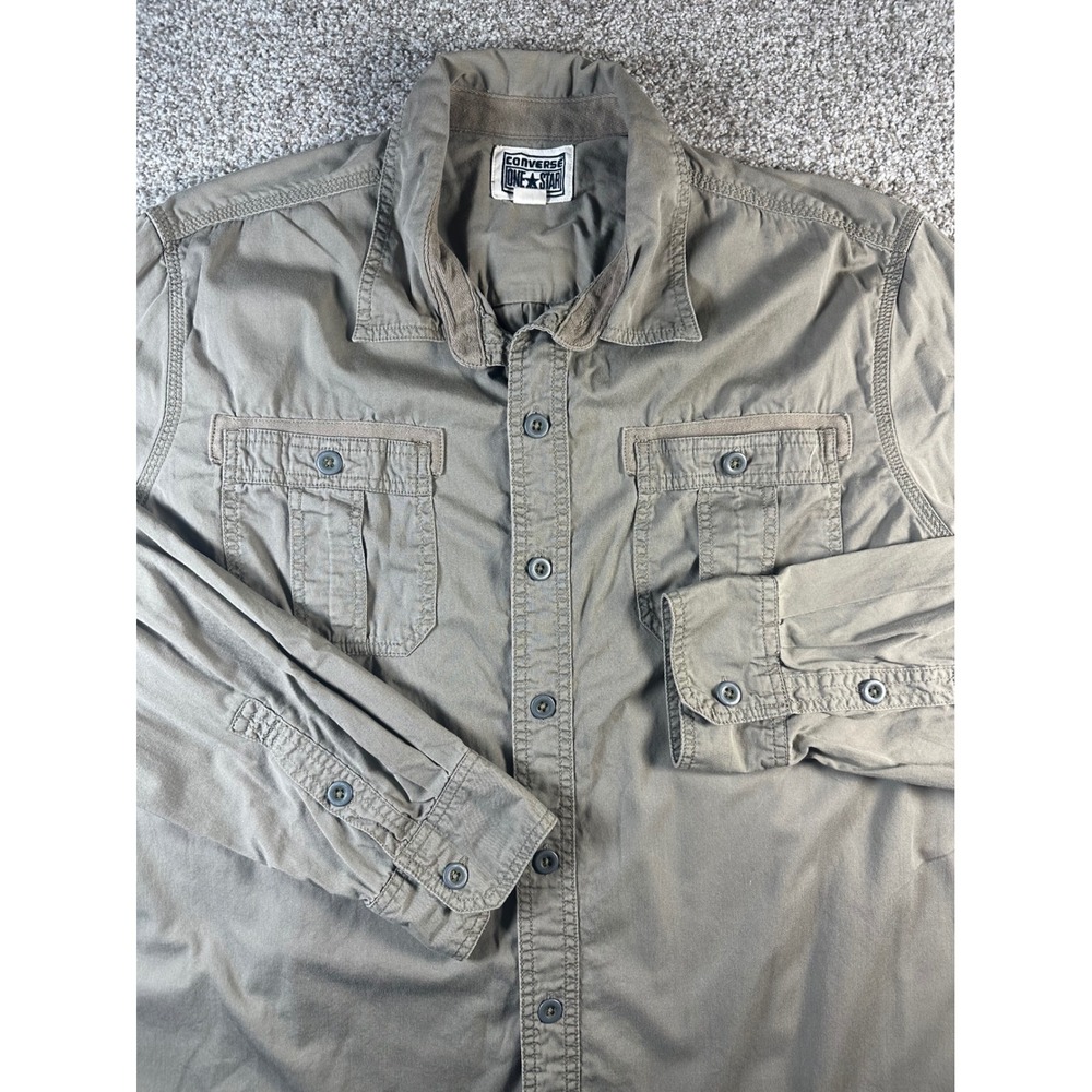 Converse One Star Mens XL Olive Green Long Sleeve Button Down Utility Shirt